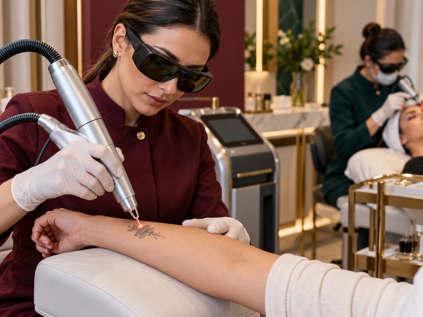 Procedimento de remoção a laser de tatuagem em ambiente clínico